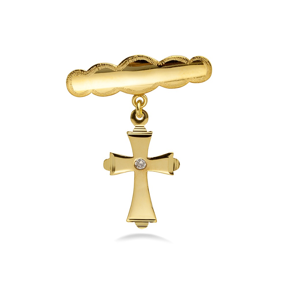 9ct Baby Brooch with steel pin and clasp 30mm + 9ct CZ Cross Pendant 25mm
